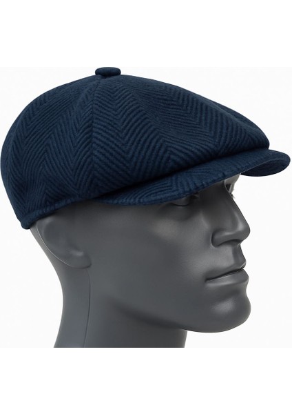 Erkek Kışlık Kaşe Kumaş Desenli Arkası Lastikli Standart Kasket Şapka (Newsboy Cap)