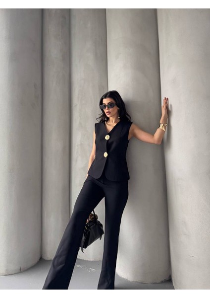 Kadın Gold Kurabiye Düğmeli Yelek Pantolon Takım Elbise fiyatları