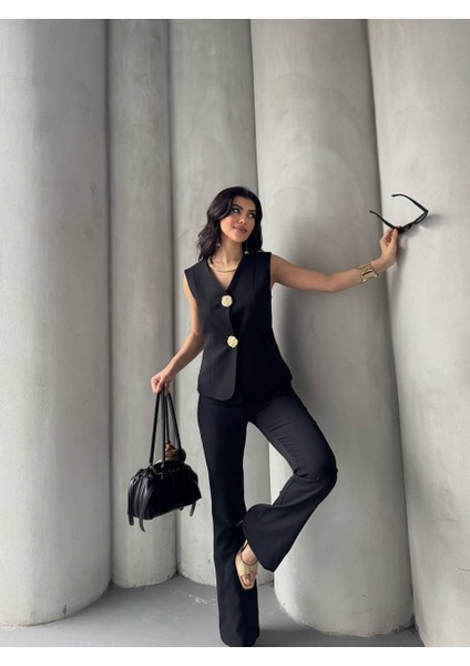 Kadın Gold Kurabiye Düğmeli Yelek Pantolon Takım Elbise fırsatları