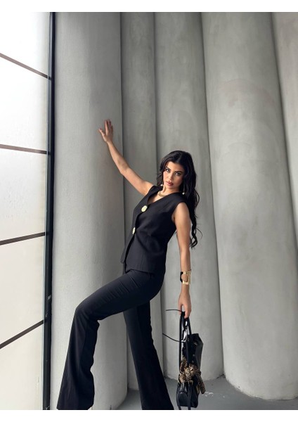 Kadın Gold Kurabiye Düğmeli Yelek Pantolon Takım Elbise indirimleri