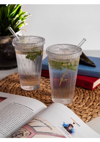 2li Set Pinterest Model Origami Çizgili Mika Kapaklı Cam Pipetli Bardak