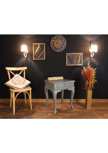 Çekmeceli Masif Gri Komodin - Yan Sehpa