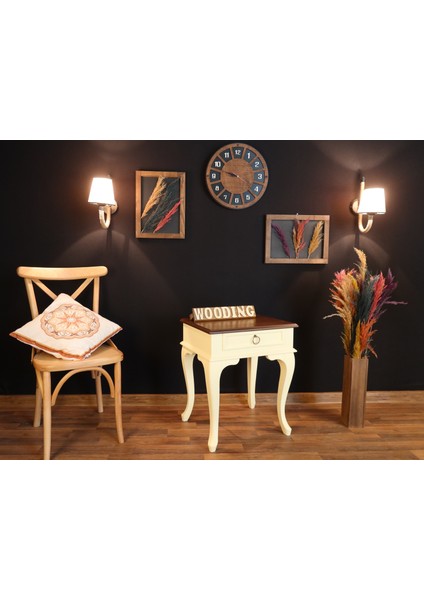 Çekmeceli Masif Krem Ceviz Komodin - Yan Sehpa