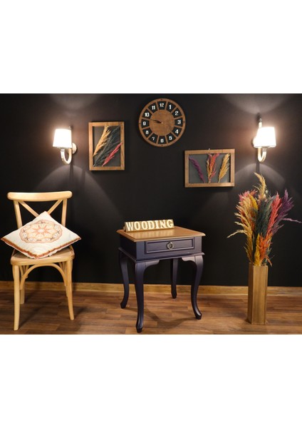 Çekmeceli Masif Lacivert Naturel Komodin - Yan Sehpa