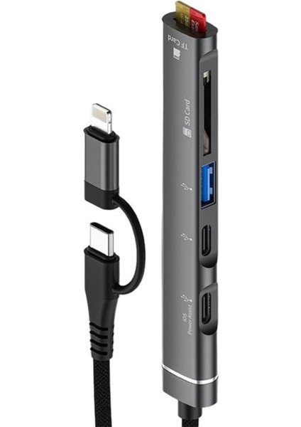 Type-C ve Lightning Girişli 5in1 USB 3.0 Sd Kart Micro Sd Kart Okuyucu - CZ84