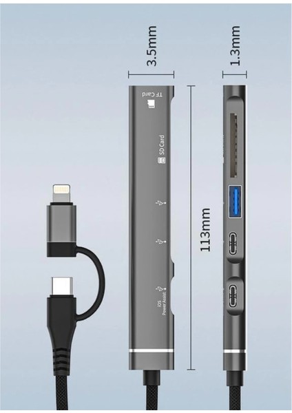 Type-C ve Lightning Girişli 5in1 USB 3.0 Sd Kart Micro Sd Kart Okuyucu - CZ84