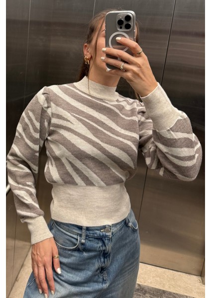 Balon Kol Desenli Dik Yaka Triko Kazak AW25KZ0038