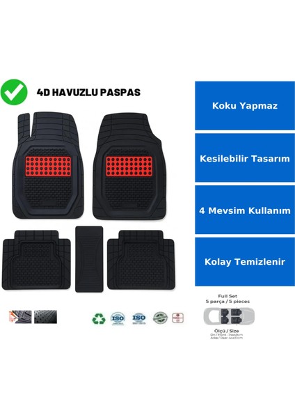 Renault Clio 2 Hb 2004 Uyumlu Havuzlu Ünıversal Yeni Nesil Plus Paspas Siyah - Kırmızı