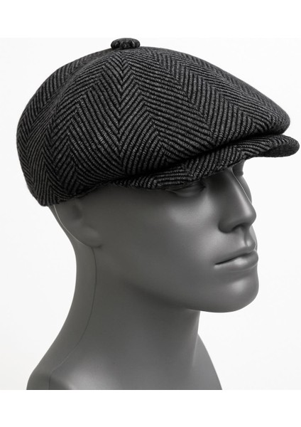 Erkek Kışlık Kaşe Kumaş Desenli Arkası Lastikli Standart Kasket Şapka (Newsboy Cap)