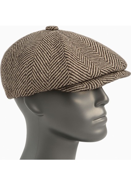 Erkek Kışlık Kaşe Kumaş Desenli Arkası Lastikli Standart Kasket Şapka (Newsboy Cap)