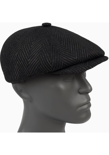 Erkek Kışlık Kaşe Kumaş Desenli Arkası Lastikli Standart Kasket Şapka (Newsboy Cap)