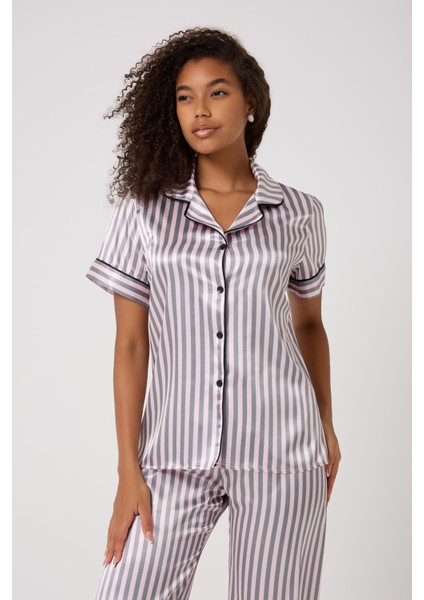 Missayza V.s 2109 Model Çizgili Kısa ve Uzun Kol Saten Pijama Takım