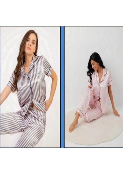 Missayza V.s 2109 Model Çizgili Kısa ve Uzun Kol Saten Pijama Takım indirimleri