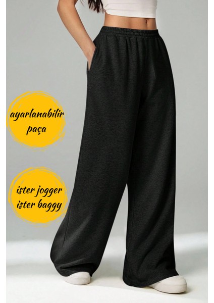 Unisex Çift Cepli Eşofman Altı - Ayarlanabilir Paça: Jogger & Baggy - Siyah Gri Antrasit fiyatları