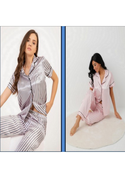 Missayza V.s 2109 Model Çizgili Kısa ve Uzun Kol Saten Pijama Takım fırsatları