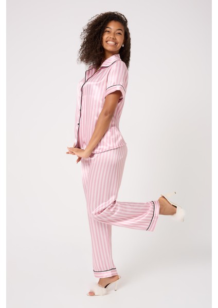 Missayza V.s 2109 Model Çizgili Kısa ve Uzun Kol Saten Pijama Takım