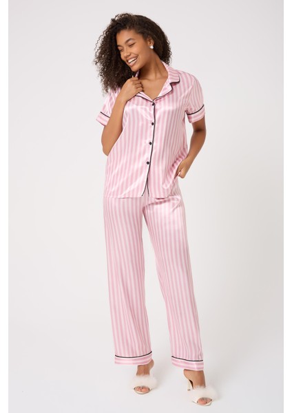Missayza V.s 2109 Model Çizgili Kısa ve Uzun Kol Saten Pijama Takım