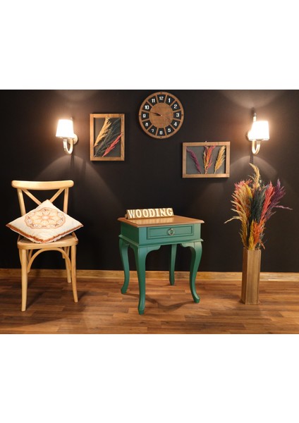 Çekmeceli Masif Yeşil Naturel Komodin - Yan Sehpa