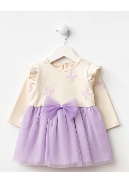 Kız Bebek Pamuklu Lila Tüllü Fiyonklu Elbise - Uzun Kollu Ribana