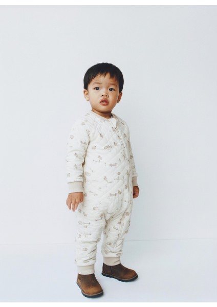 Unisex Çocuk Pamuklu Ekru Çift Fermuarlı Hayvancık Desenli Uyku Tulum