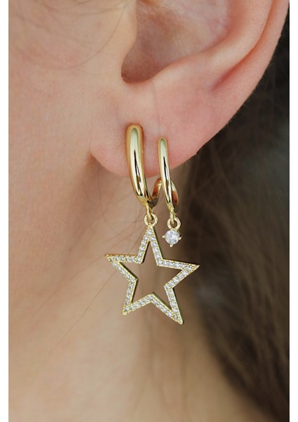 Vip Çelik Zirkon Taş Işleme Ikili Görünümlü Büyük Yıldız Küpe