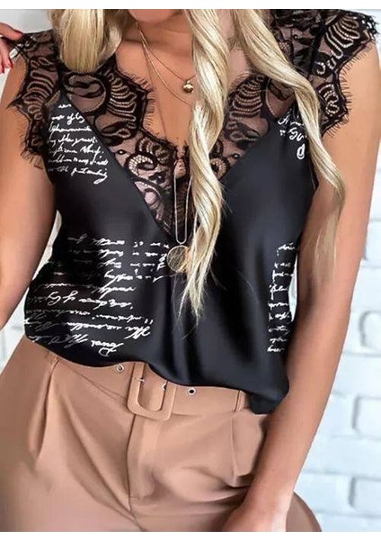 Kadın Mektup Desenli Dantel Detaylı Mikro Kumaş Bluz fiyatları