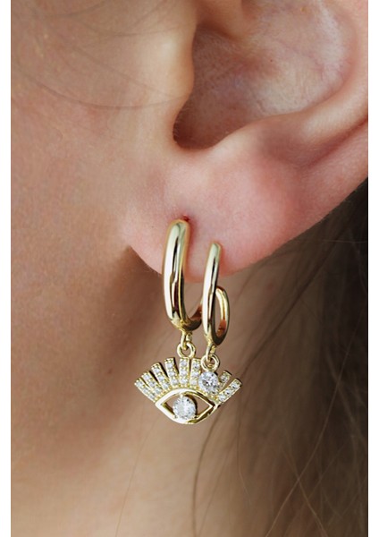 Vip Çelik Zirkon Taş Işleme Ikili Görünümlü Göz / Nazar Küpe