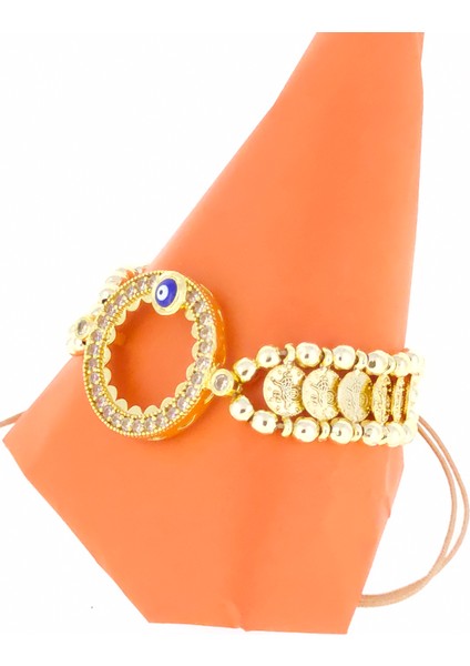 Çeyrek Altıntakmak Için Bileklik Nazarlıklı Altın Kaplama Çerçeveli Liralı