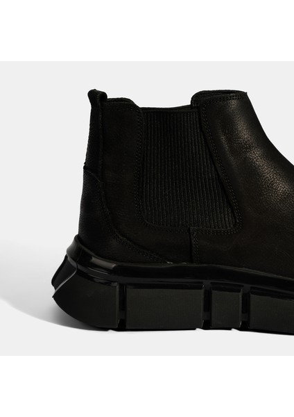 Erkek Siyah Lastik Detaylı Nubuk Deri Bot