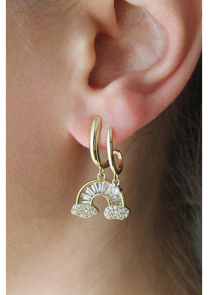 Vip Çelik Baget Taş Işleme Ikili Görünümlü Gökkuşağı Küpe