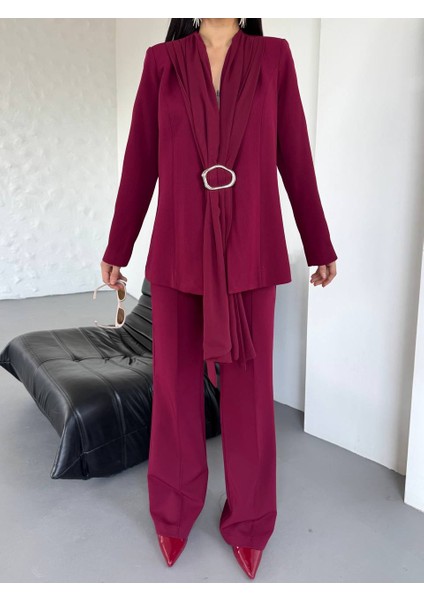 Kadın Takım Elbise Kemerli Ceket Düz Paça Pantolon fiyatları