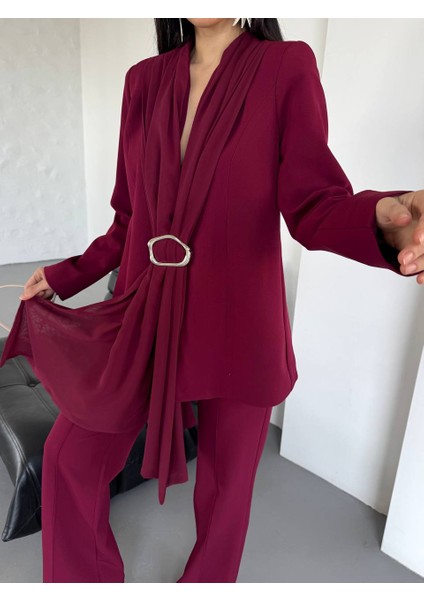 Kadın Takım Elbise Kemerli Ceket Düz Paça Pantolon fırsatları