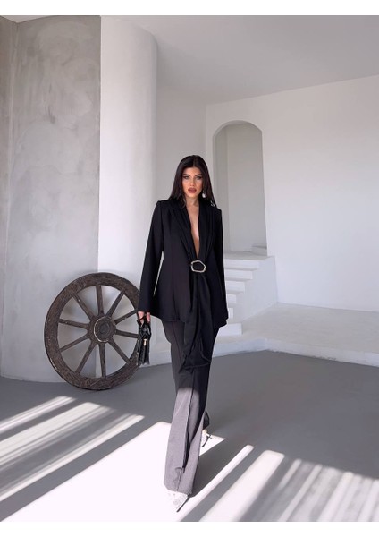 Kadın Takım Elbise Kemerli Ceket Düz Paça Pantolon