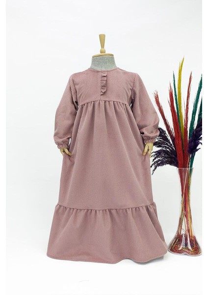 Kız Çocuk Kadife Elbise - Mihri Model Uzun Tesettür Elbise Pudra Pembe