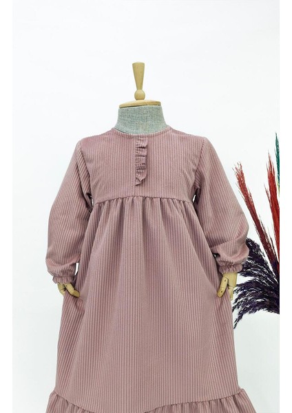 Kız Çocuk Kadife Elbise - Mihri Model Uzun Tesettür Elbise Pudra Pembe indirimleri