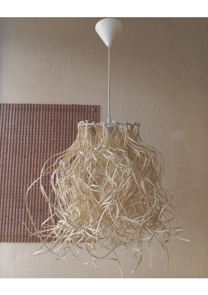 M-246 Kemik Rengi Rafya Avize 20X35 El Yapımı Salon Oturma Odası Yatak Odası ve Çocuk Odası Rafya Avize