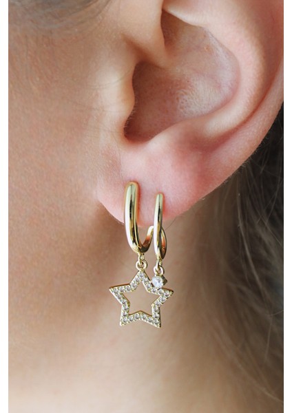 Vip Çelik Zirkon Taş Işleme Ikili Görünümlü Minik Yıldız Küpe