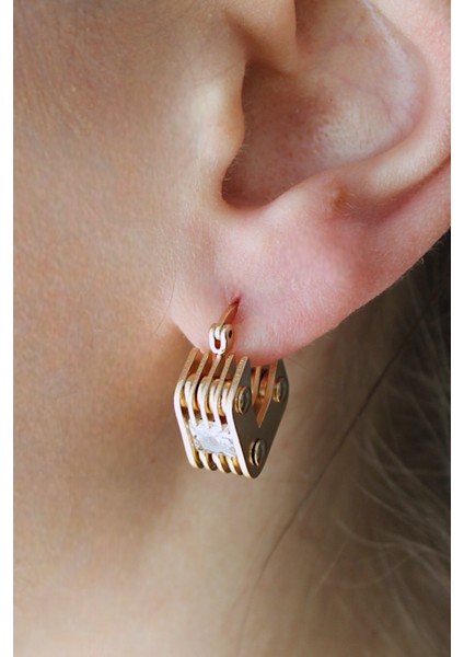 Vip Çelik Zirkon Taşlı Çift Taraflı Kullanılabilen Üçgen Zımba Model Küpe