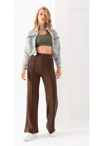 Kadın Kahve Modal Bol Paça Çımalı Yüksek Bel Yumuşak Dokulu Beli Lastikli Likralı Pantolon