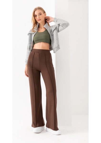 Kadın Kahve Modal Bol Paça Çımalı Yüksek Bel Yumuşak Dokulu Beli Lastikli Likralı Pantolon modelleri