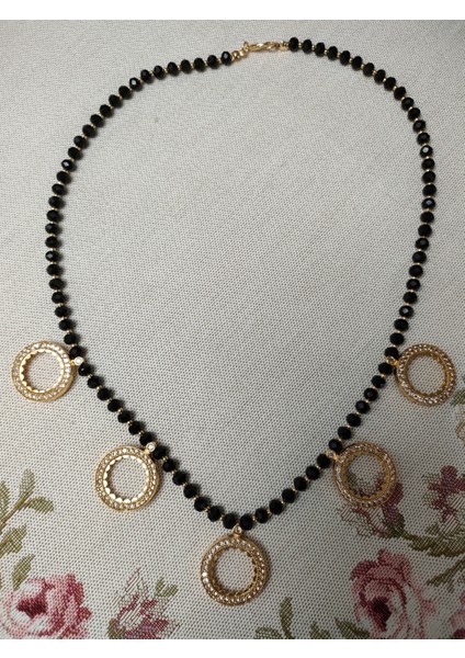 Beşli Kolye Çeyrek Altın Takmak Için Altın Kaplama Çerçeveli ve Kristal Cam Boncuklu 63 cm