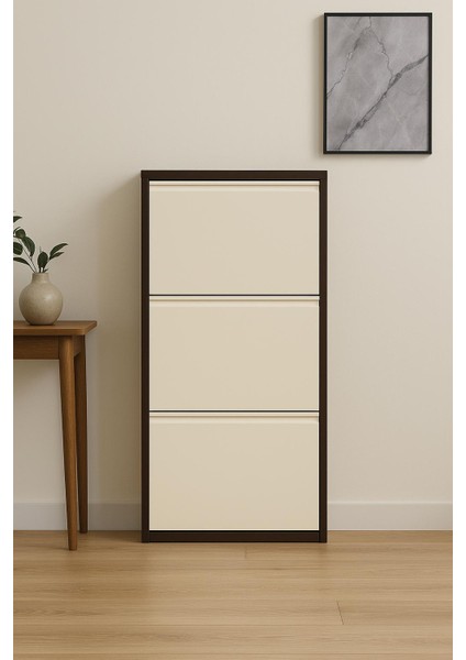 3 Lü Kahve Krem Metal Ayakkabılık Karlıhome