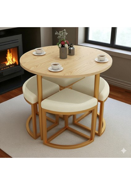 Alara Gold Metal Yuvarlak Yemek Masası Takımı 4 Kişilik Açık Ceviz Panel Balkon Masası Takımı Mutfak Masası