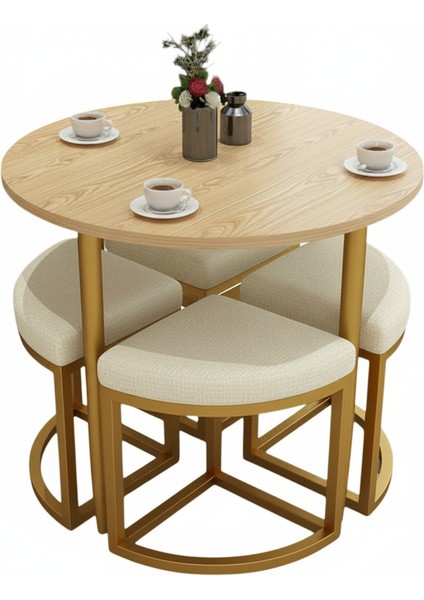 Alara Gold Metal Yuvarlak Yemek Masası Takımı 4 Kişilik Açık Ceviz Panel Balkon Masası Takımı Mutfak Masası fiyatları