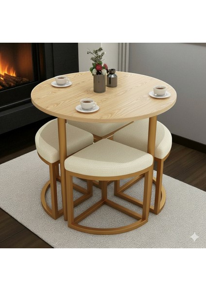 Alara Gold Metal Yuvarlak Yemek Masası Takımı 4 Kişilik Açık Ceviz Panel Balkon Masası Takımı Mutfak Masası modelleri