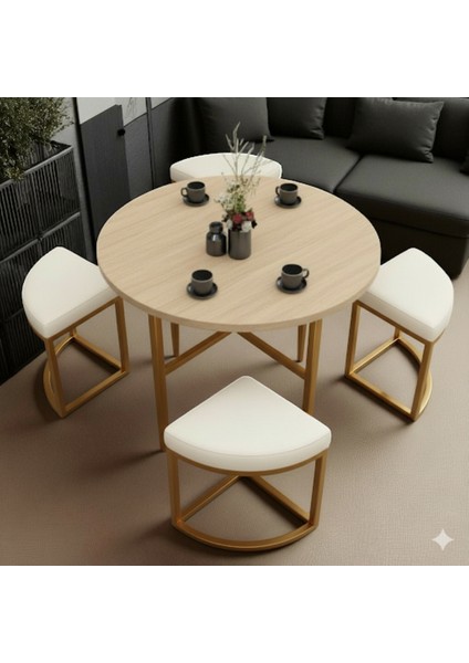 Alara Gold Metal Yuvarlak Yemek Masası Takımı 4 Kişilik Açık Ceviz Panel Balkon Masası Takımı Mutfak Masası fırsatları