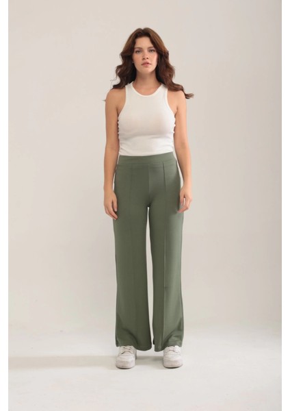 Kadın Haki Modal Bol Paça Çımalı Yüksek Bel Yumuşak Dokulu Beli Lastikli Likralı Pantolon fırsatları
