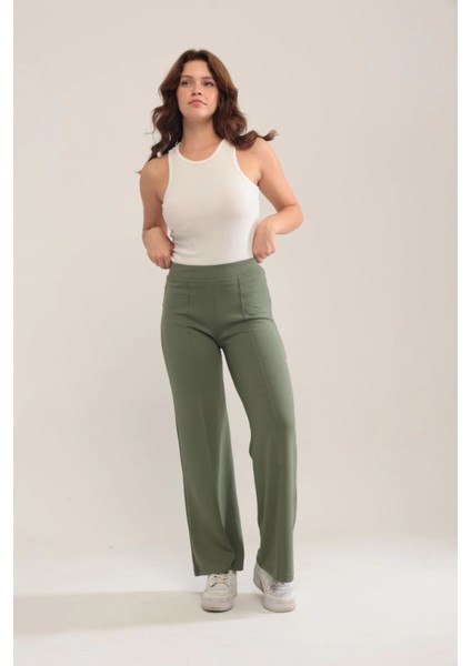 Kadın Haki Modal Bol Paça Çımalı Yüksek Bel Yumuşak Dokulu Beli Lastikli Likralı Pantolon fiyatları