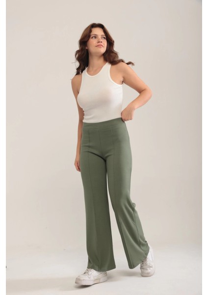 Kadın Haki Modal Bol Paça Çımalı Yüksek Bel Yumuşak Dokulu Beli Lastikli Likralı Pantolon modelleri