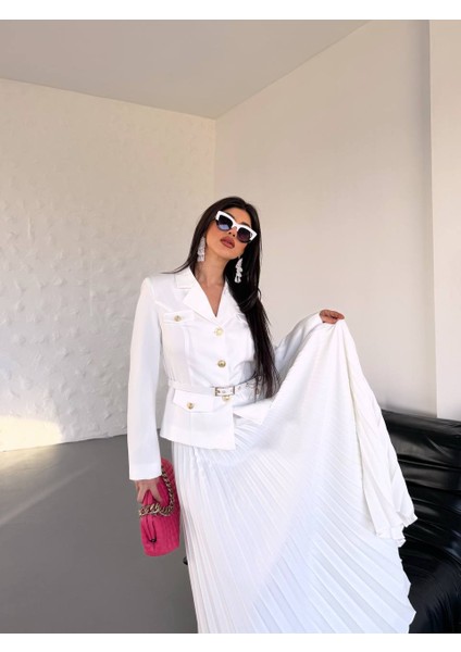 Kadın Kemerli Gold Düğmeli Premium Ceket Pileli Uzun Etek Takım Elbise